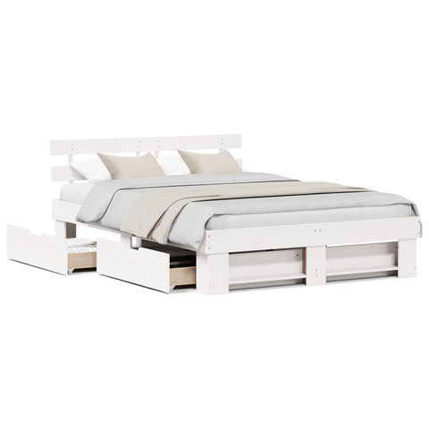 vidaXL with Drawer with Headboard with Storage White 160 x 200 cm Solid pine wood