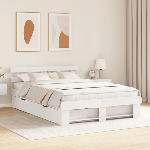 vidaXL with Drawer with Headboard with Storage White 160 x 200 cm Solid pine wood