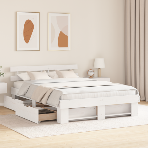 vidaXL with Drawer with Headboard with Storage White 160 x 200 cm Solid pine wood
