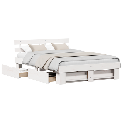 vidaXL with Drawer with Headboard with Storage White 160 x 200 cm Solid pine wood