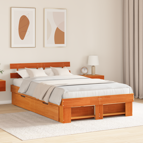 vidaXL Bed Frame with Drawers Wax Brown 140x190 cm Solid Pine Wood