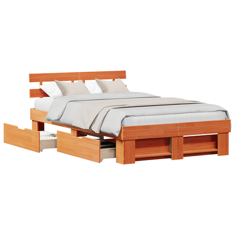 vidaXL Bed Frame with Drawers Wax Brown 140x190 cm Solid Pine Wood