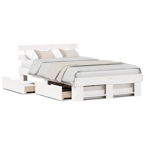 vidaXL Bed Frame with Drawers White 135x190 cm Solid Pine Wood