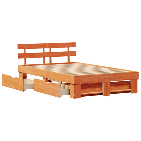 vidaXL Bed Frame with Drawers Wax Brown 135x190 cm Solid Pine Wood