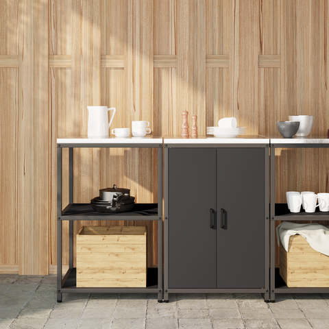 vidaXL Kitchen Storage Set with Shelf with Storage with Door Adjustable 2 pcs Black Cold-rolled steel