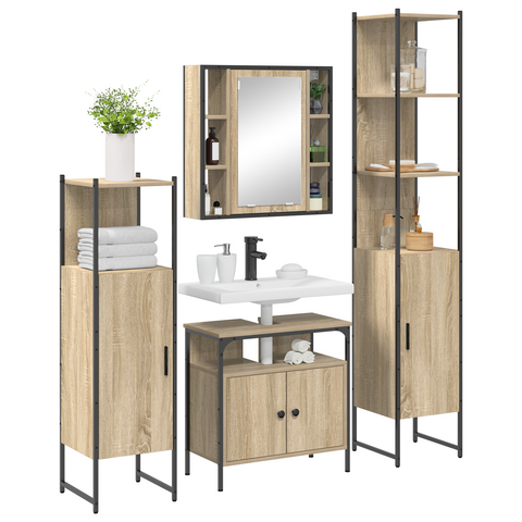 vidaXL Bathroom Furniture Set with Shelf Wall-mounted Other with Storage with Door with Mirror 4 pcs Sonoma oak