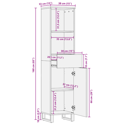 vidaXL Bathroom Cabinet with Drawer with Shelf with Storage with Door Brown, Black 38 x 33.5 x 160 cm