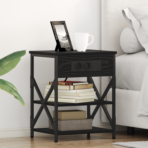 vidaXL Bedside Cabinet with Charging Station Black oak Engineered Wood