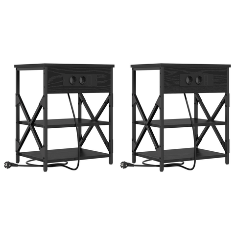 vidaXL Bedside Cabinet with Charging Station 2 pcs Black oak