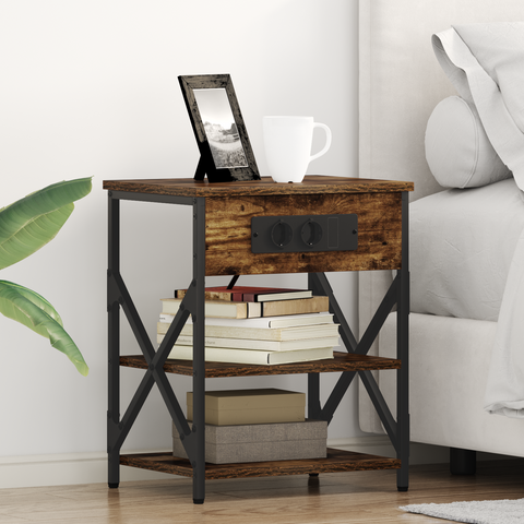 vidaXL Bedside Cabinet with Charging Station with Shelf with Storage Smoked oak