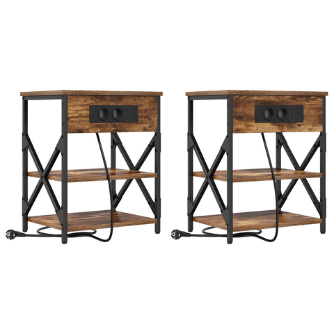 vidaXL Bedside Cabinet with Charging Station 2 pcs Smoked oak