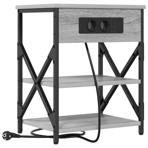 vidaXL Bedside Cabinet with Charging Station with Shelf with Storage Grey sonoma