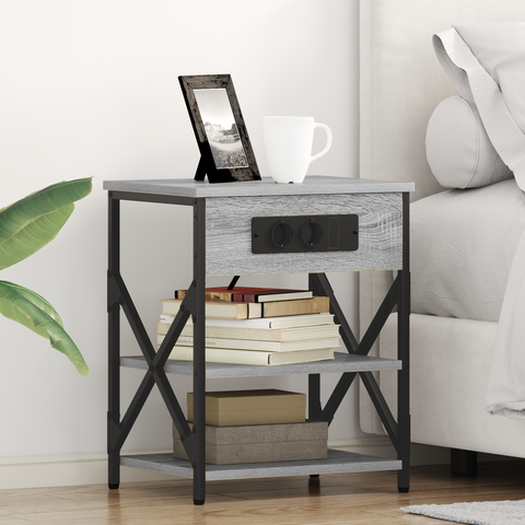 vidaXL Bedside Cabinet with Charging Station with Shelf with Storage Grey sonoma