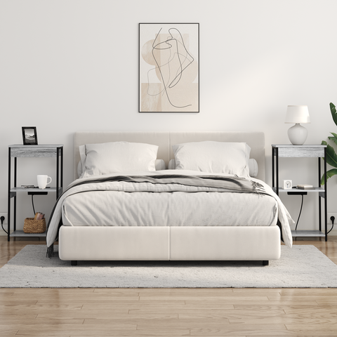 vidaXL Bedside Cabinet with Charging Station with Shelf with Storage Grey sonoma