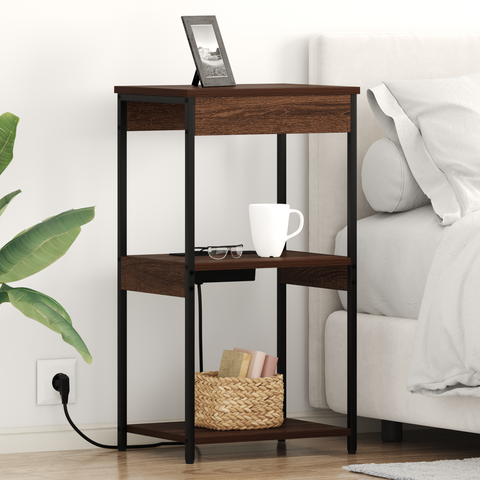 vidaXL Bedside Cabinet with Charging Station Brown oak Engineered Wood