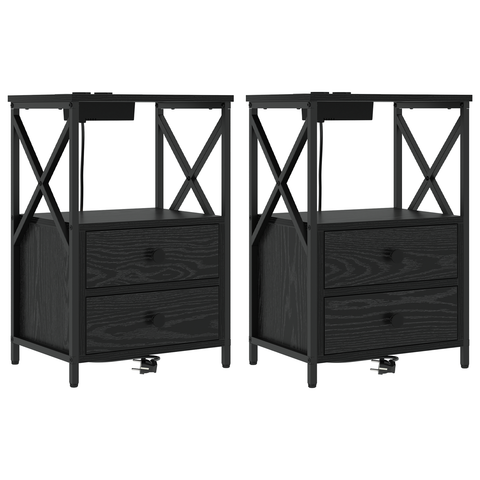 vidaXL Bedside Cabinet with Charging Station 2 pcs Black oak