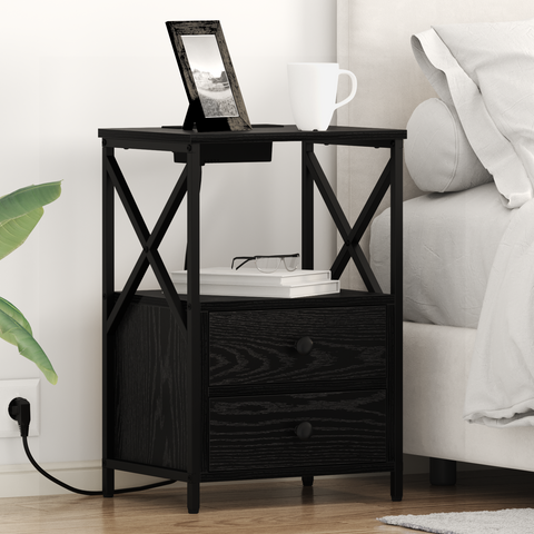 vidaXL Bedside Cabinet with Charging Station 2 pcs Black oak