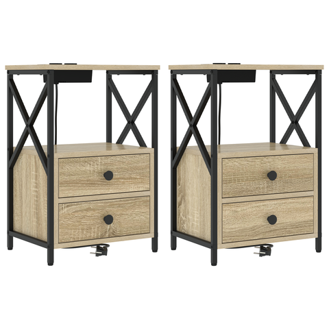 vidaXL Bedside Cabinet with Charging Station 2 pcs Sonoma oak