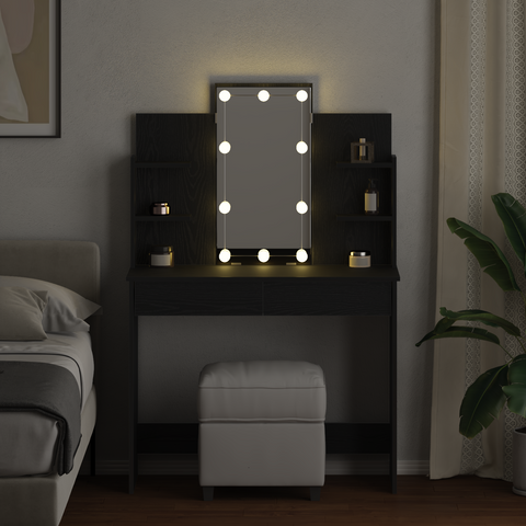 vidaXL Dressing Table with LED Lights Black Oak 96x40x142 cm