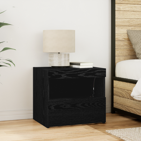 vidaXL Bedside Cabinet with LED Lights Black Oak 50x40x45 cm