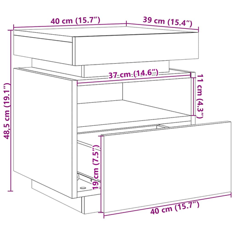 vidaXL Bedside Cabinet with LED Lights Black Oak 40x39x48,5 cm