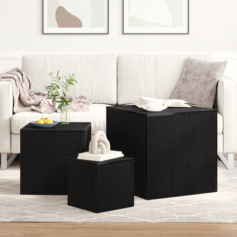 vidaXL 3 Piece Stackable Side Table Set Black Oak Engineered Wood