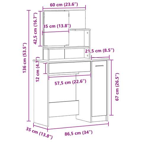 vidaXL Black Oak Dressing Table with Mirror - 86.5 x 35 x 136 cm