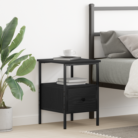 vidaXL Bedside Cabinet Black Oak 34x36x50 cm Engineered Wood and Steel