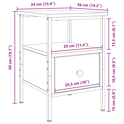 vidaXL Bedside Cabinet Black Oak 34x36x50 cm Engineered Wood and Steel