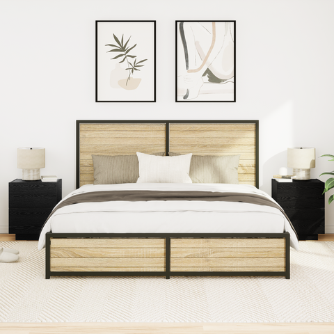 vidaXL Bedside Cabinets with LED Lights 2 pcs Black Oak 45x40x55 cm