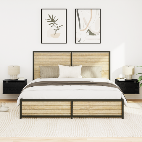 vidaXL Bedside Cabinets with LED Lights 2 pcs Wall-Mounted Black Oak