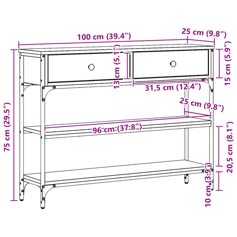 vidaXL Console Table Artisan Oak 100x25x75 cm Engineered Wood & Steel