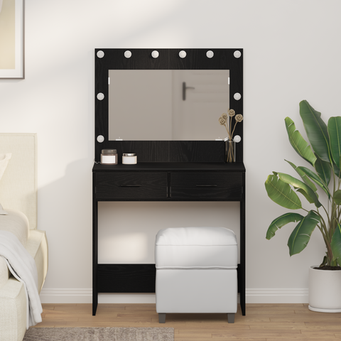 vidaXL Makeup Table with LED Lights - Black Oak, 31 x 16 x 53 inches