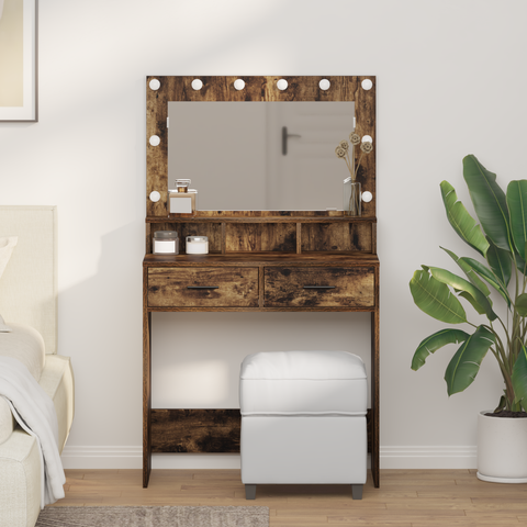 vidaXL Makeup Table with LED Lights - Smoked Oak 79x41x135 cm