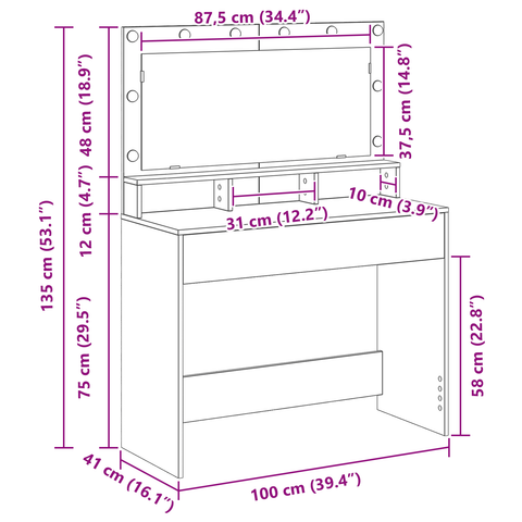 vidaXL Dressing Table with LED Lights - Sonoma Oak, 100x41x135 cm