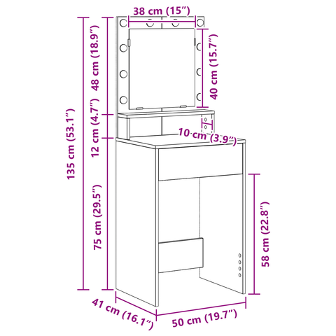 vidaXL Dressing Table with LED Lights in Grey Sonoma - 50x41x135 cm