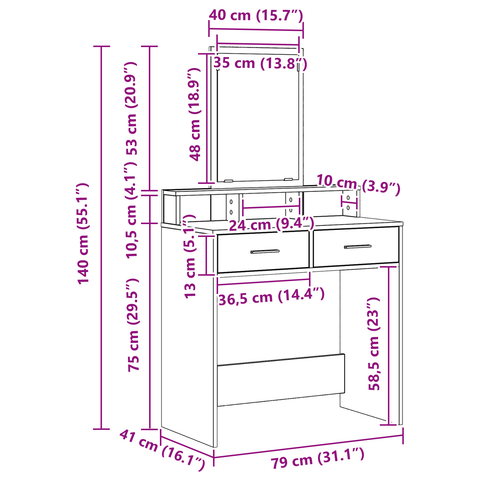 vidaXL Dressing Table with Drawers - Smoked Oak, 79x41x140 cm
