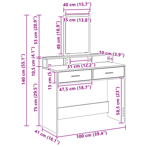 vidaXL Dressing Table with Drawers Old Wood 100x41x140 cm