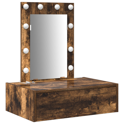 vidaXL Wall Hanging Dressing Table with LED Lights in Smoked Oak