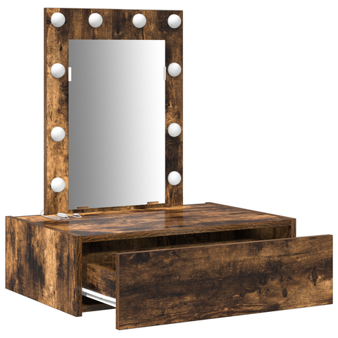 vidaXL Wall Hanging Dressing Table with LED Lights in Smoked Oak