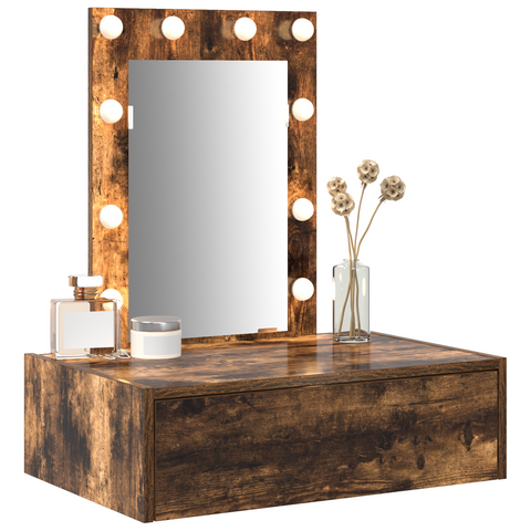 vidaXL Wall Hanging Dressing Table with LED Lights in Smoked Oak