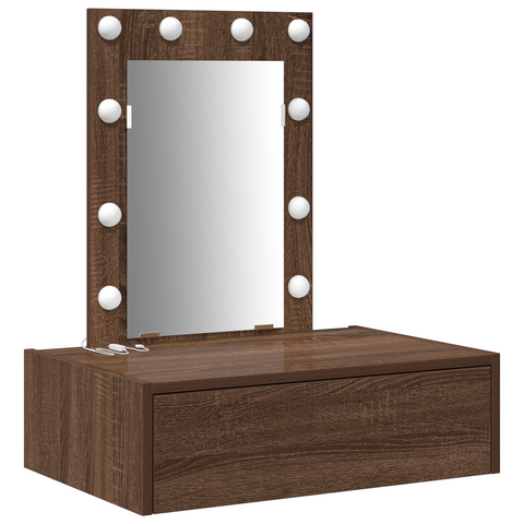 vidaXL Wall Hanging Dressing Table with LED Lights in Brown Oak