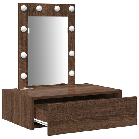 vidaXL Wall Hanging Dressing Table with LED Lights in Brown Oak