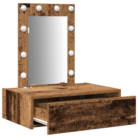 vidaXL Wall Hanging Dressing Table with LED Lights Old Wood