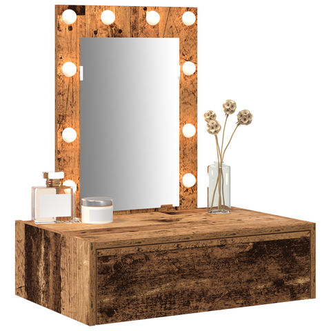 vidaXL Wall Hanging Dressing Table with LED Lights Old Wood