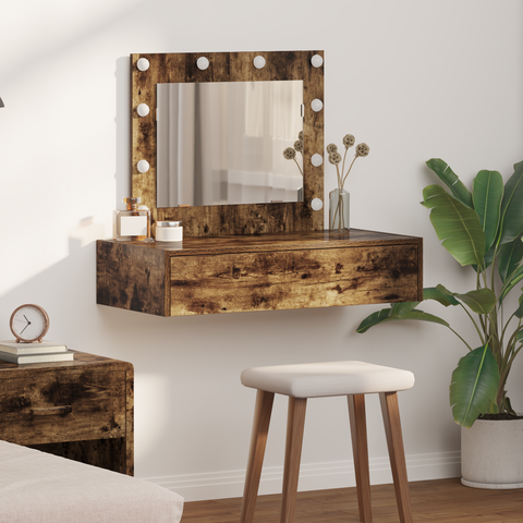 vidaXL Wall Hanging Dressing Table with LED Lights Smoked Oak