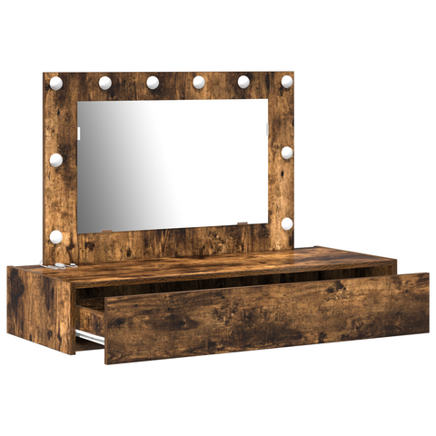 vidaXL Wall Hanging Dressing Table with LED Lights in Smoked Oak