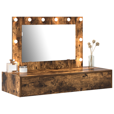vidaXL Wall Hanging Dressing Table with LED Lights in Smoked Oak