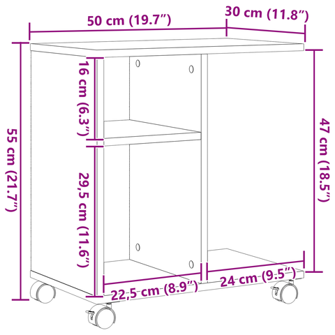 vidaXL Side Table on Wheels - Artisan Oak, 50x30x55 cm, Made of Engineered Wood
