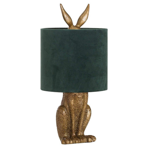 Antique Gold Hare Table Lamp With Green Velvet Shade Lighting Hill Interiors 